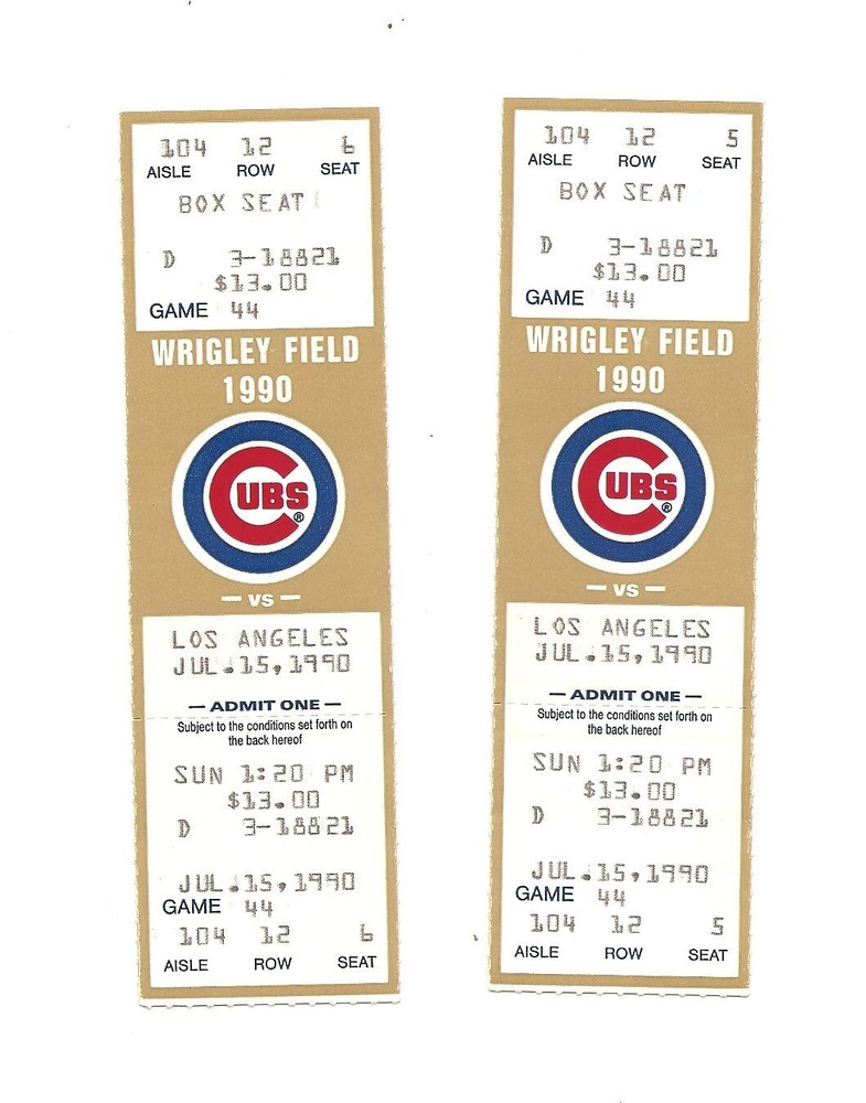 Chicago Cubs vs Los Angeles Dodgers Unused Baseball Tickets from 7/15/1990
