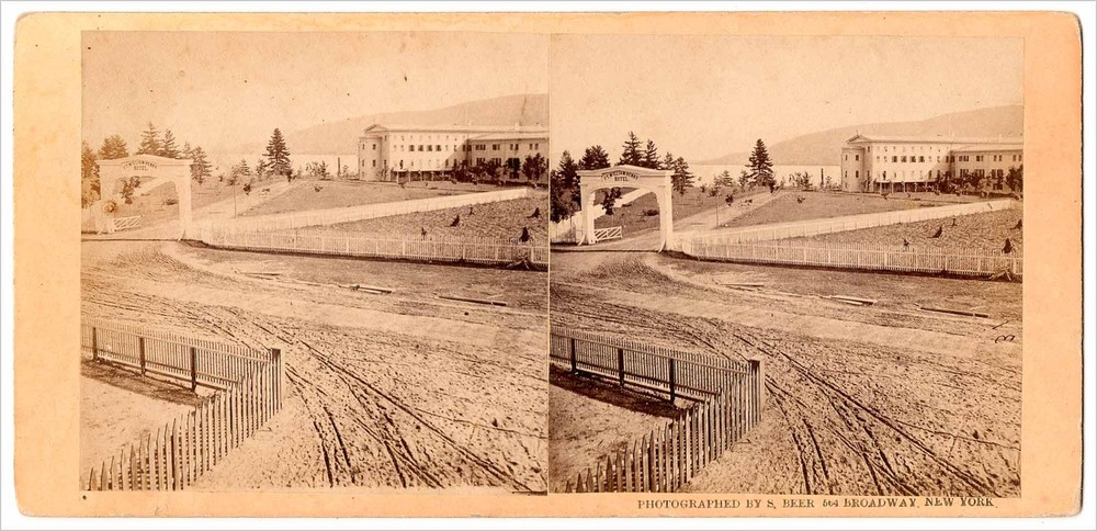 [Lake George – New York] – Ca. 1864 stereoview of the Fort William Henry Hotel…