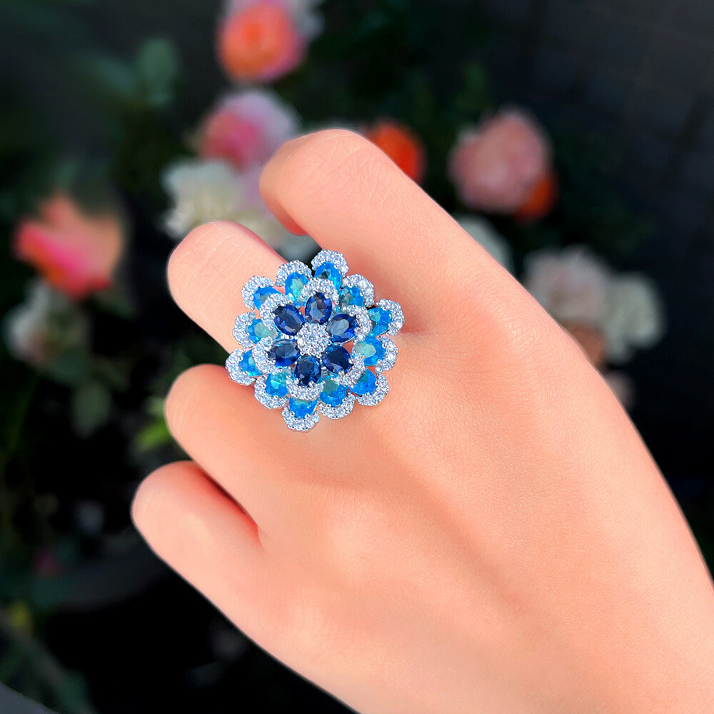 Silver Plated Cubic Zirconia Flower Ring Women Open Adjustable Wedding Jewelry