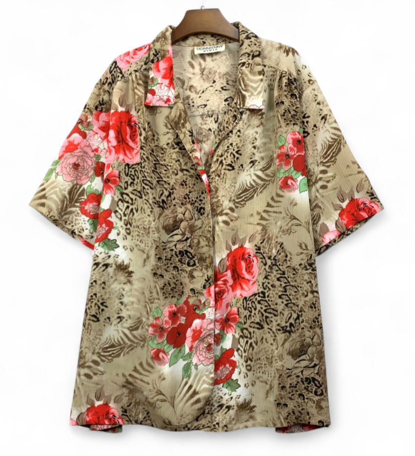 VTG DonnKenny SILKY BUTTON-UP SHIRT TOP Leopard & Pink/Red Roses Grannycore XL-P