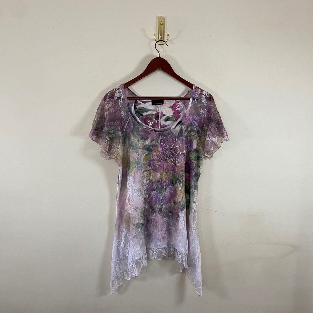 Vintage Y2K Lace Layered Floral Top Bejeweled Purple White XL Fairy Whimsy Fem