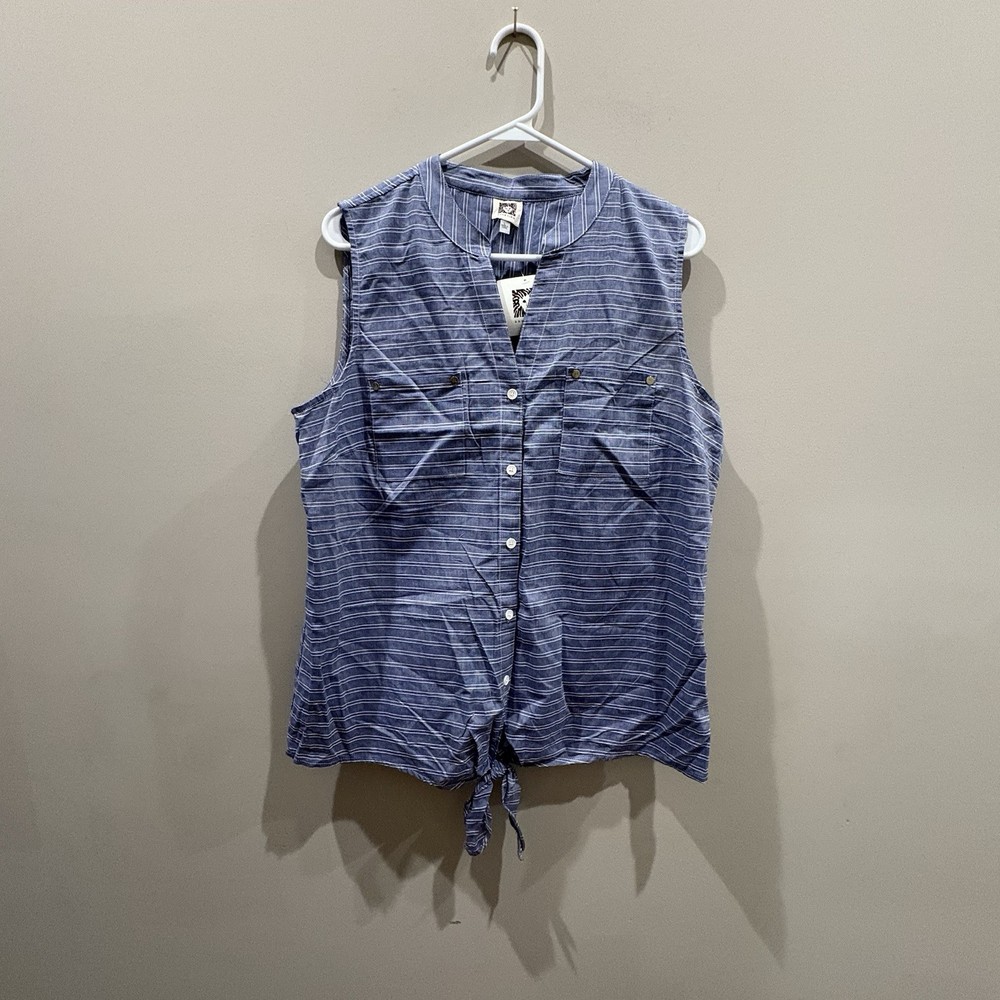 Anne Klein Tank Top Womens Large Blue White Stripe V-Neck Sleeveless