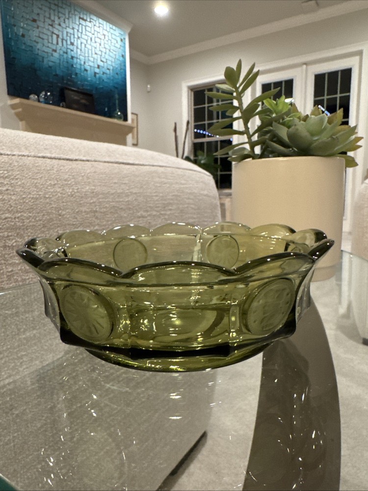 Vintage Fostoria Olive Green Coin Glass Low Candy Bowl Dish