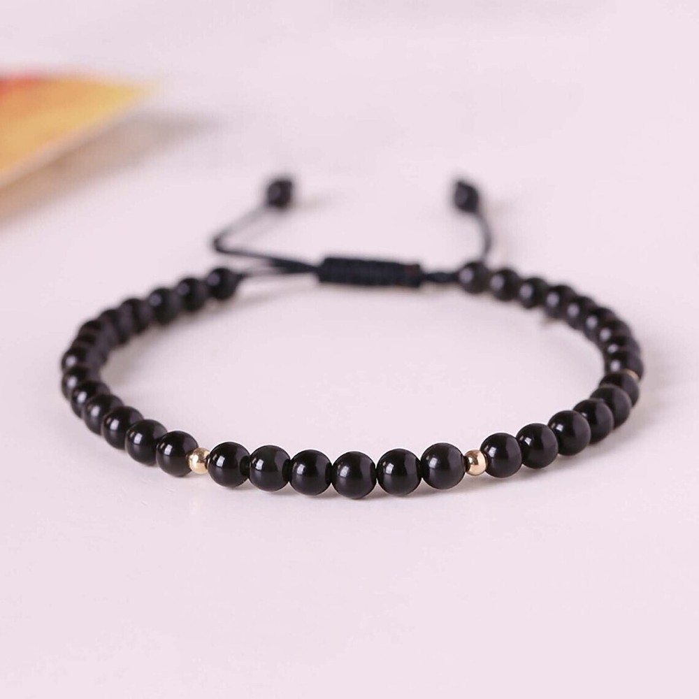 Natural Black Onyx Stone Bracelet Black Crystal Gemstone Stretch Bracelet Heal