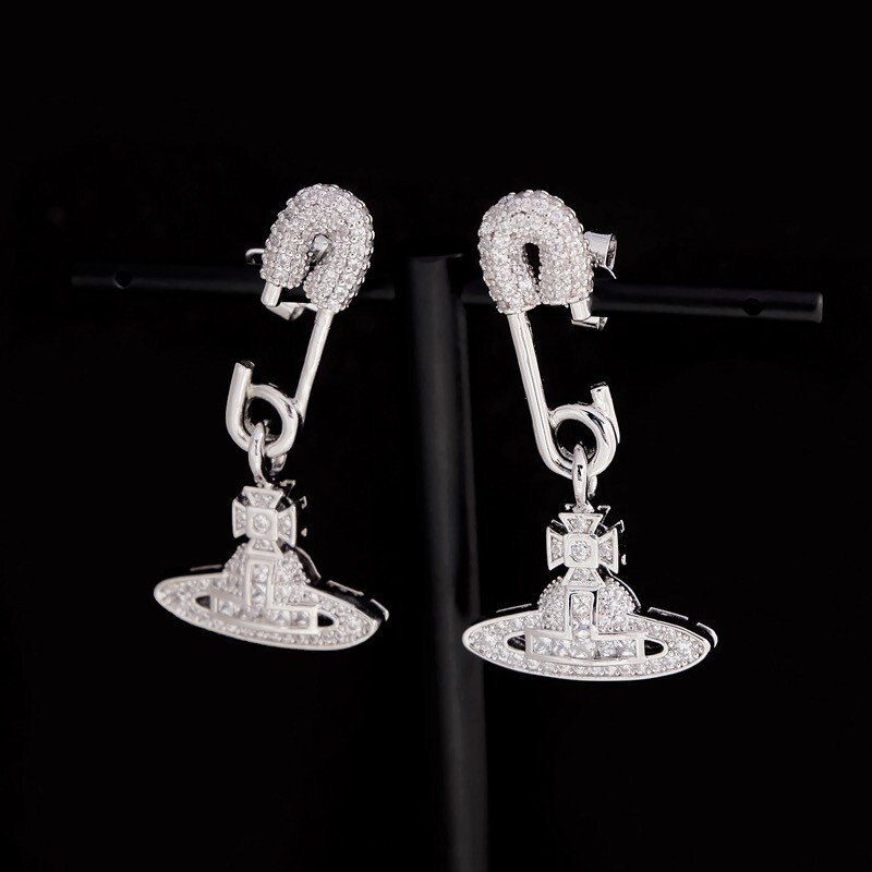 Vivienne Westwood Nana Silver Tone Safety Pin Orb Stud Earrings New In Box #291