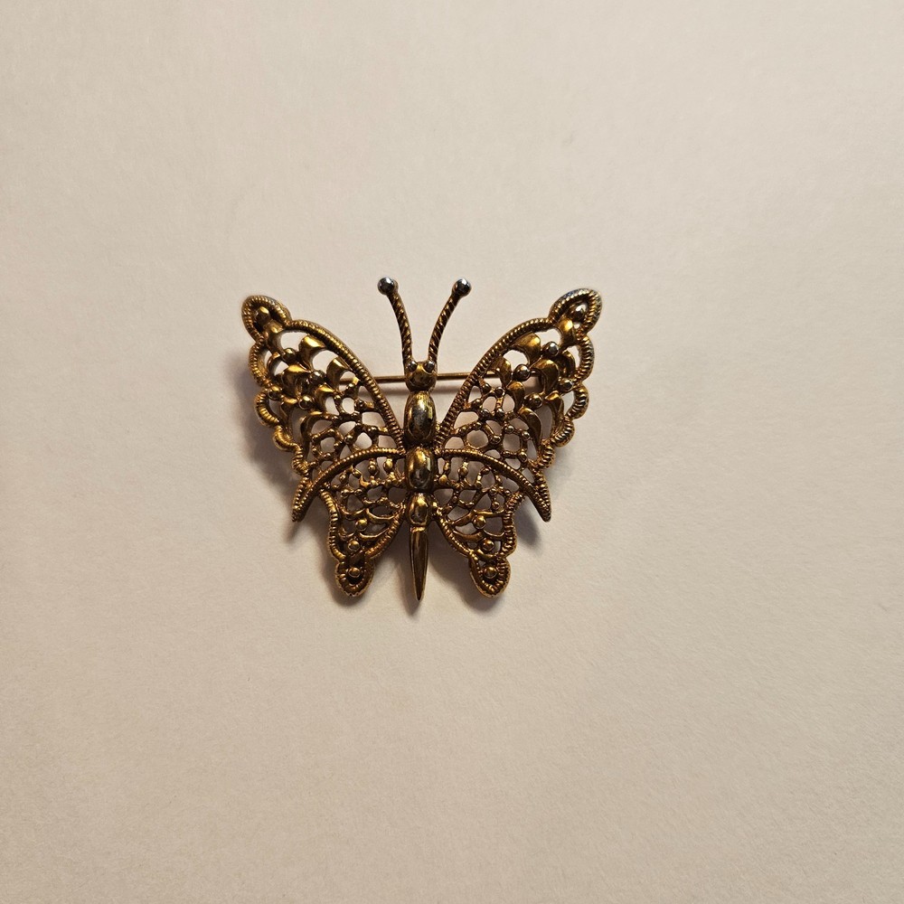 Vintage Gold Tone Butterfly Brooch Pin Openwork Metal Mid Century Jewelry