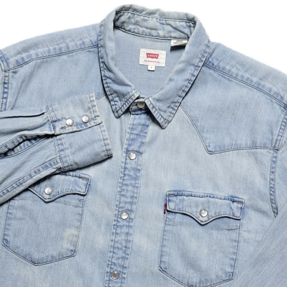 Vintage Levis Barstow Denim Pearl Snap Shirt Mens Large Blue Western Cowboy USA