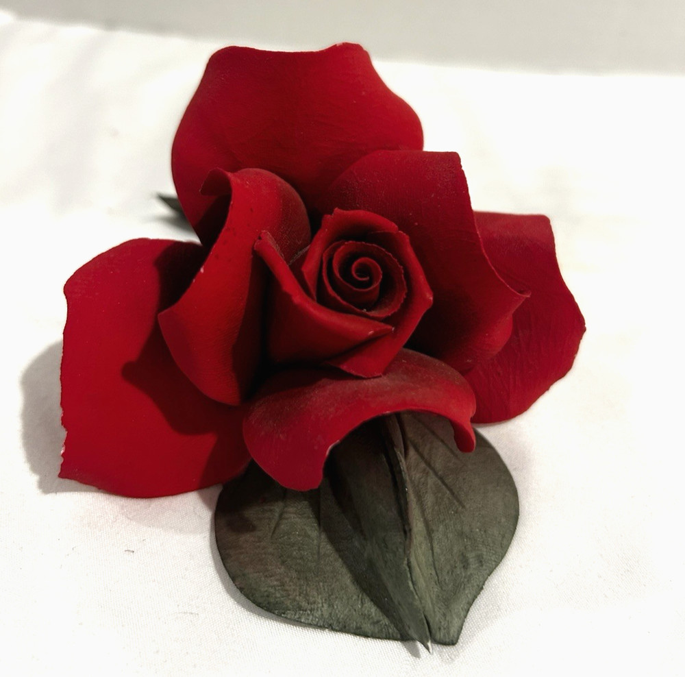 LOVELY Vtg Capodimonte Porcelain Red Rose Figurine On Stem Large 7 1/2
