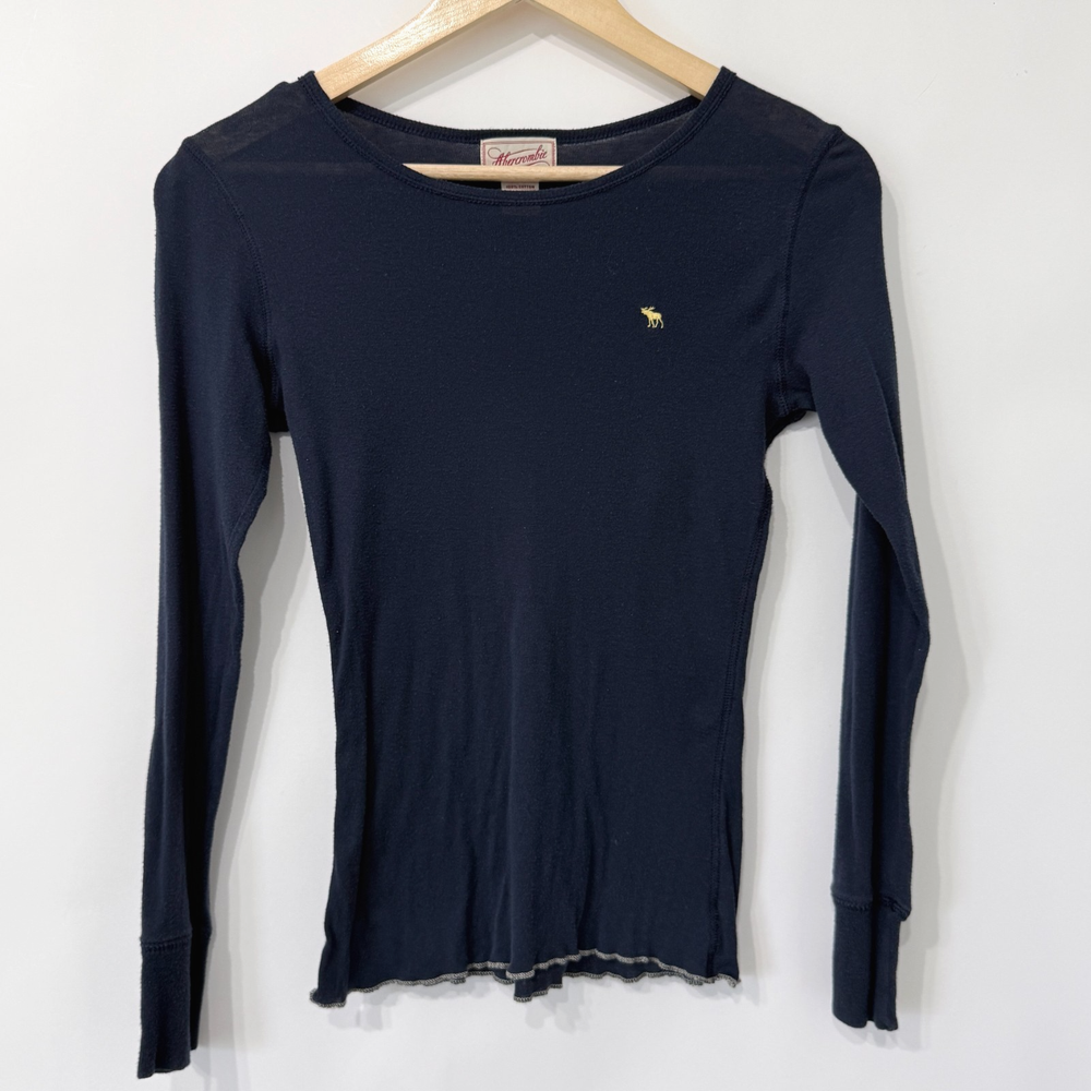 Abercrombie Y2K Moose Embroidered Long Sleeve T Shirt Womens M Navy Blue Fitted