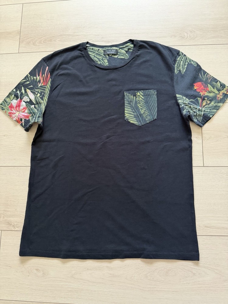 ZARA MAN Men's Short Sleeve Black Cotton Tropical Graphic Pocket T-Shirt Size XL