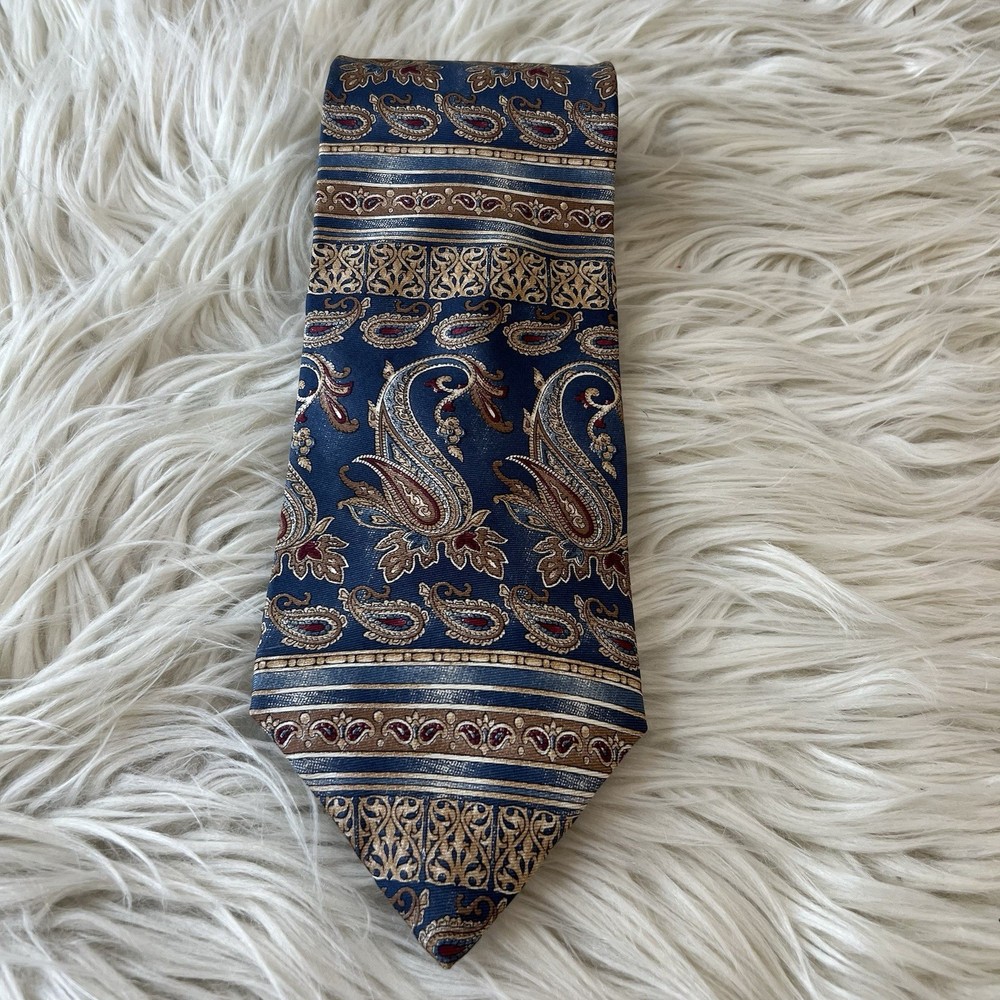 417 VAN HEUSEN Mens Silk Neck Tie Blue Gold Burgundy Paisley