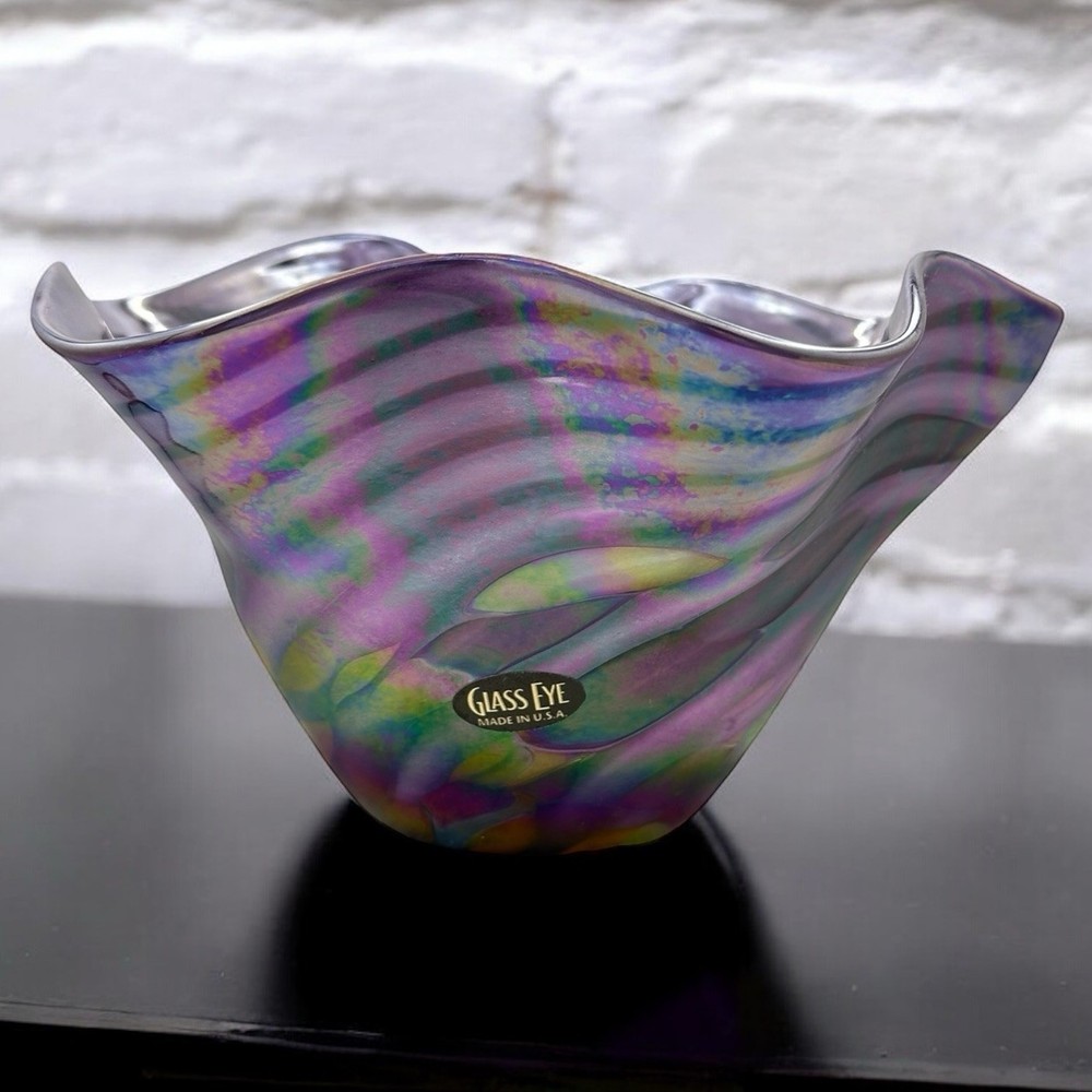 Glass Eye Studio Bowl Hand Blown Art Glass Ruffle Iridescent Purple Green Blue