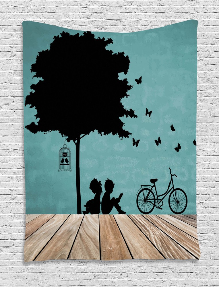 Kids Tapestry Boy and Girl under a Tree Print Wall Hanging Decor