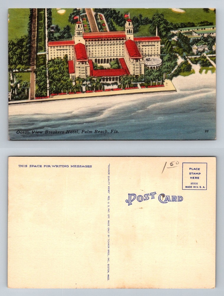Palm Beach, FL-Florida, Ocean View Breakers Hotel Beachfront Vintage Postcard