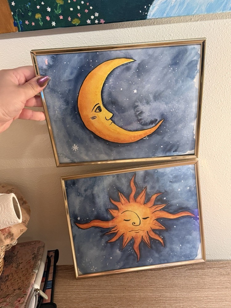 Original Celestial Sun and Moon Artwork In Vintage Gold Frame Signed by Artist