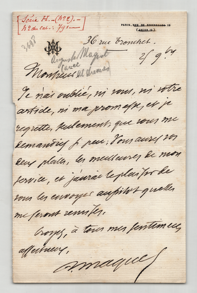 Signed Autograph Letter Auguste Maquet – Dumas – Rue De Bruxelles