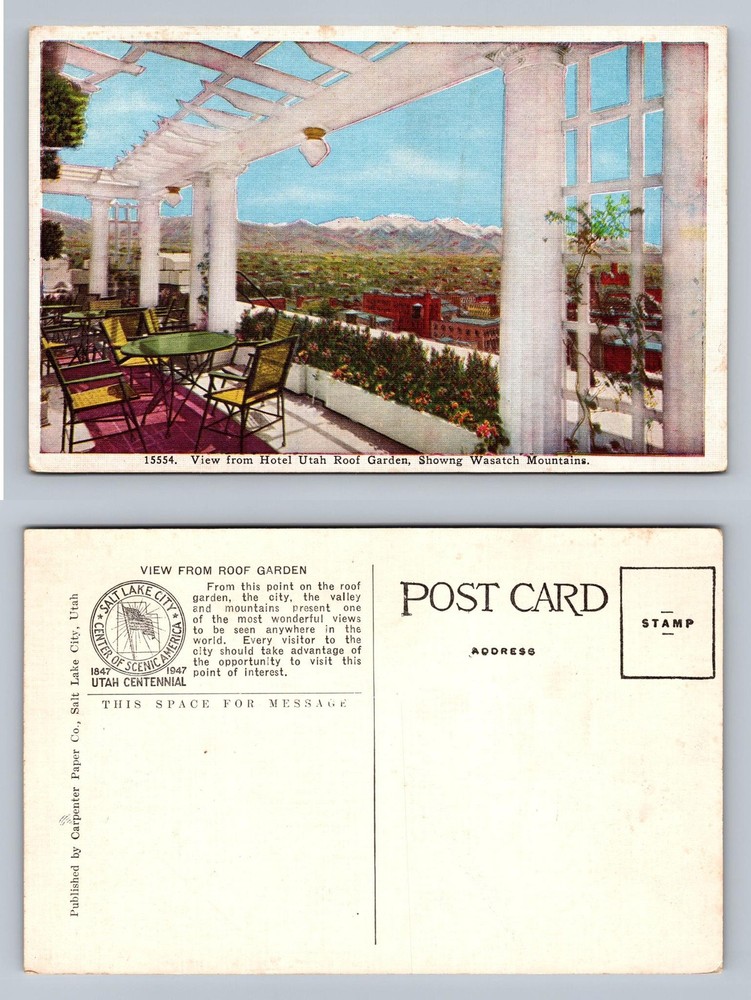 Salt Lake City, UT-Utah, Hotel Utah Roof Garden View Old Vintage Postcard