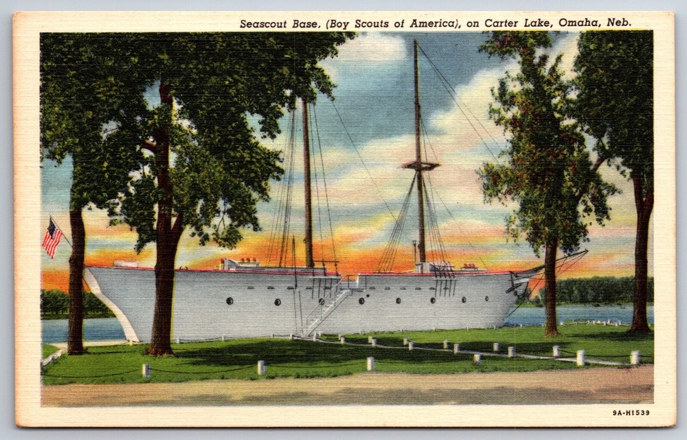 Omaha Nebraska~Seascout Ship Base Seen On Carter Lake~Vintage Linen Postcard