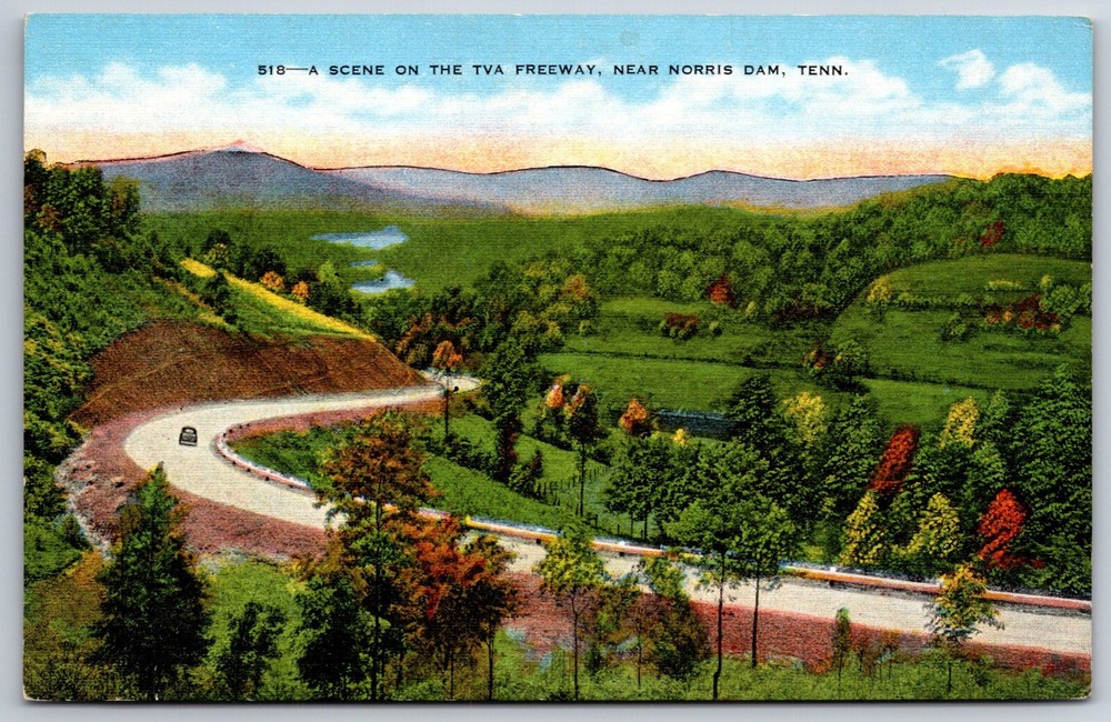 Norris Dam Tennessee~Scene On The TVA Freeway~EC Kropp Vintage Linen Postcard