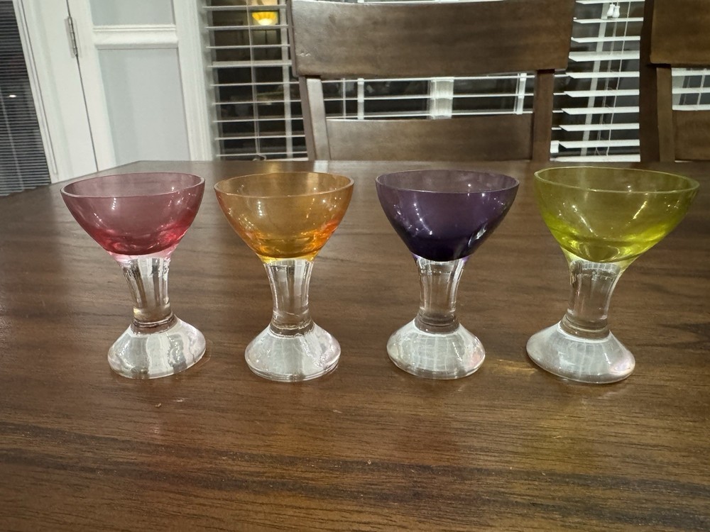 Vtg Czech Cordial Colored Glasses Heavy Clear Glass Bottom Base / Set of 4