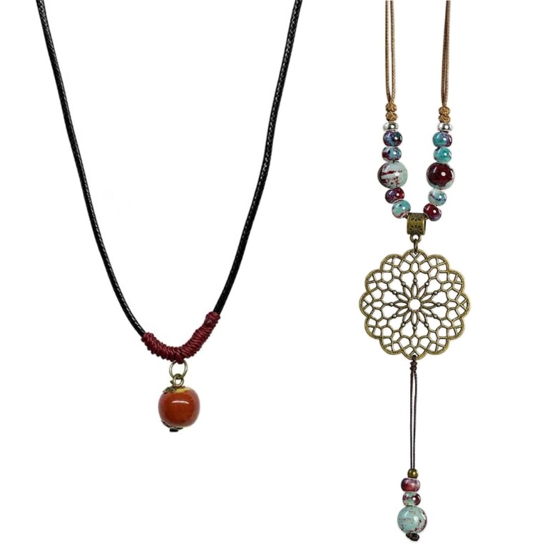 Fashion Ethnic Jewelry Traditional Handmade Ceramics Beads Necklace Long Pendant