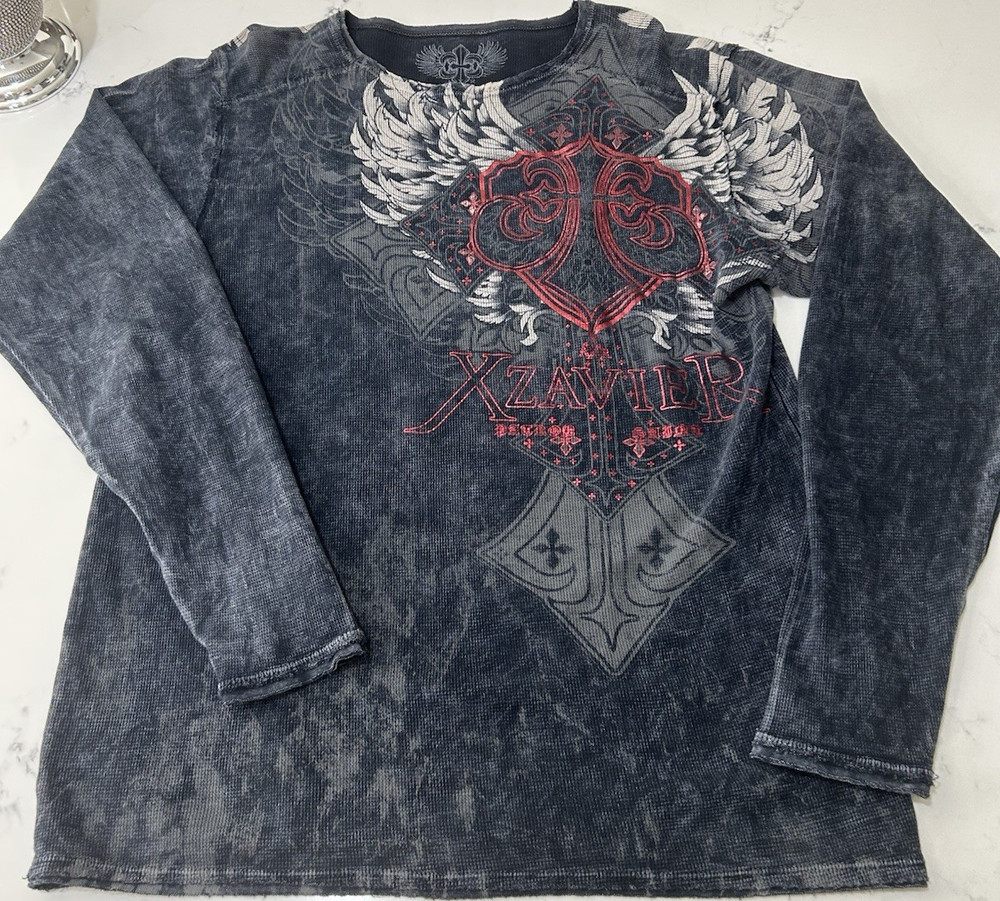 XZAVIER Men's Gray Cotton Knit Long Sleeve Crew Neck WingsGraphic Tee Size M Y2K