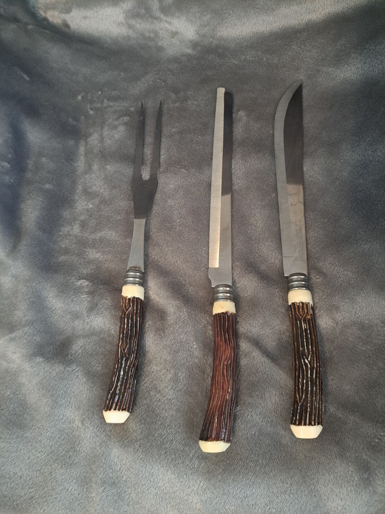 Vintage Set Of 3 Plastic Handle Deer Antler Style  Knives Japan Stainless Steel