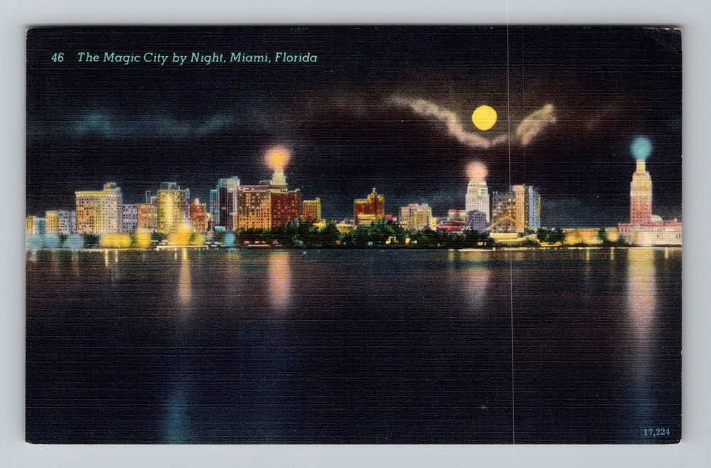 Miami FL-Florida The Magic City By Night Vintage Postcard
