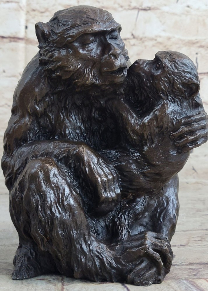 Chimpanzee Baboon Bronze Statue Sculpture Mother and Baby Wildlife Art