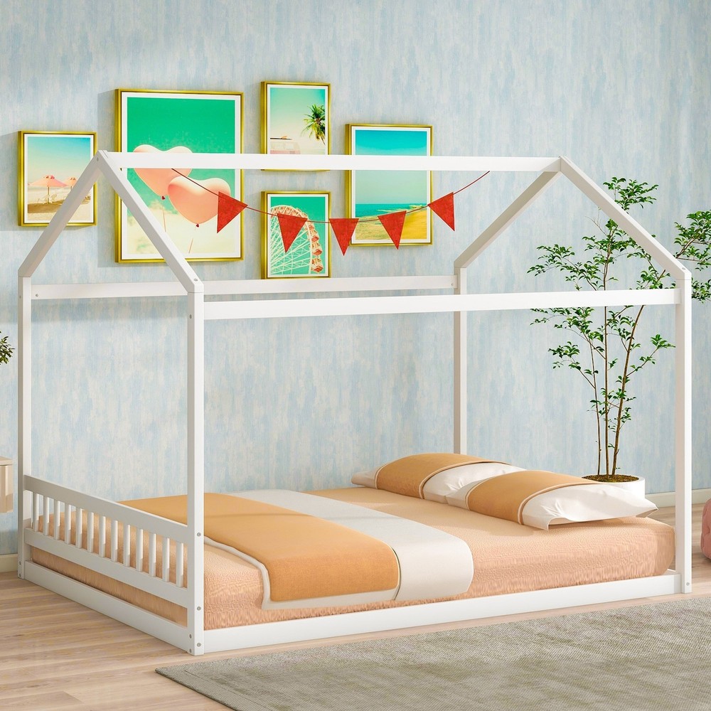 Wooden House Bed Frame with Built-in Headboard for Kids