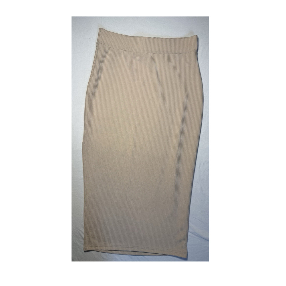 SHEIN Beige Ribbed Knit Pencil Midi Skirt High Rise Pull On Stretch Size M