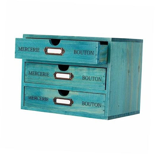 Rustic Blue Wooden Desktop Organizer with 3 Drawers - Small