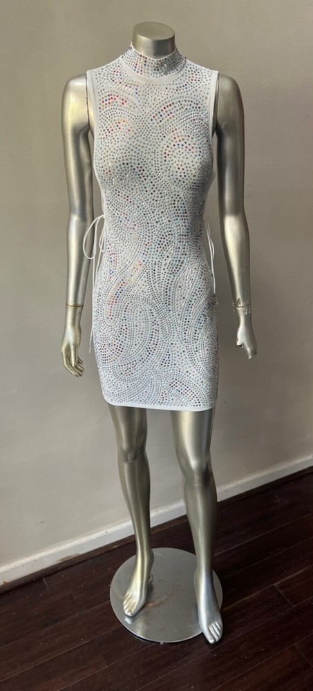 Y2K Rhinestone Sheer White Cold Shoulder Party Dress Sexy Short
