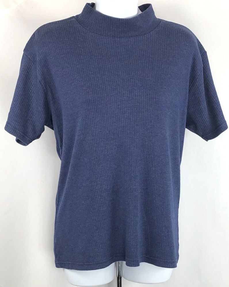 Vintage Bobbie Brooks MockNeck Top L Blue Ribbed Knit ShortSleeve 90s Y2K Preppy