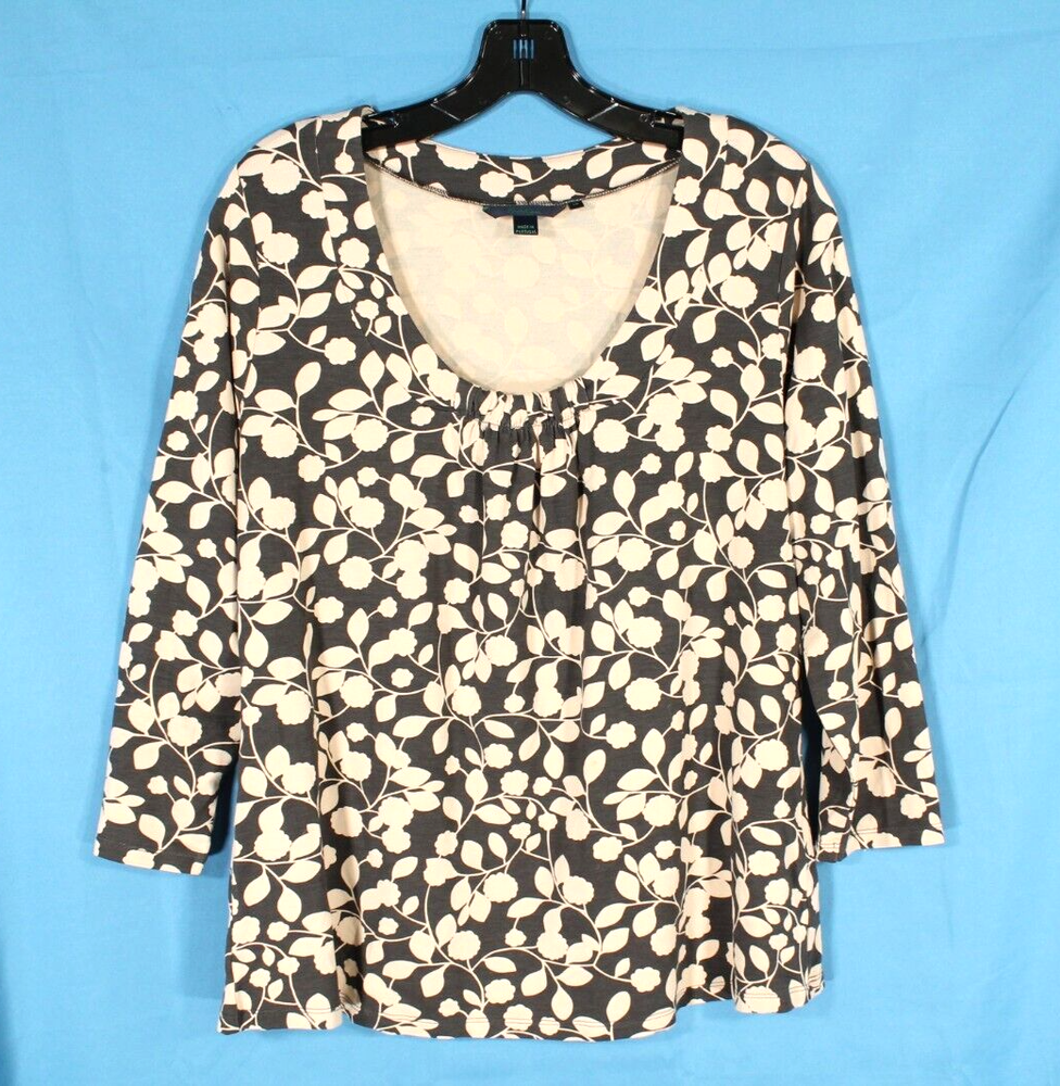 BODEN Black/Tan FLORAL PRINT 3/4 Sleeves GATHERED FRONT Knit Blouse/Top Sz 18