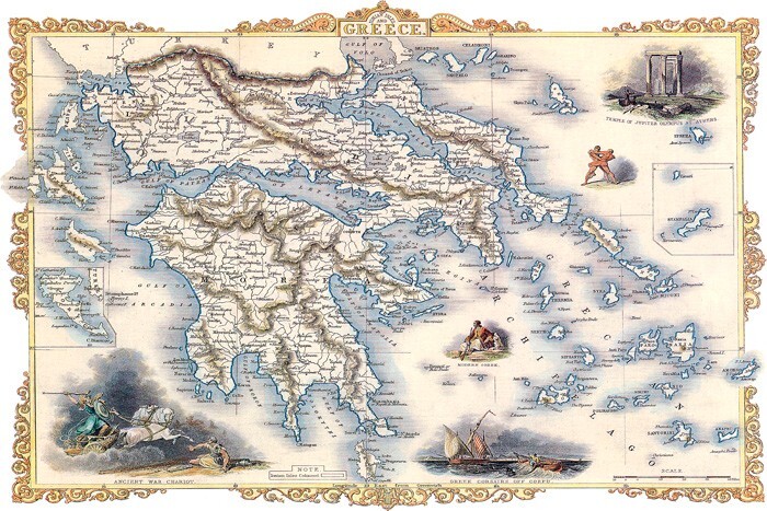 1800'S MAP GREECE TEMPLE JUPITER OLYMPUS GREEK MYTHOLOGY POSTER REPRODUCTION