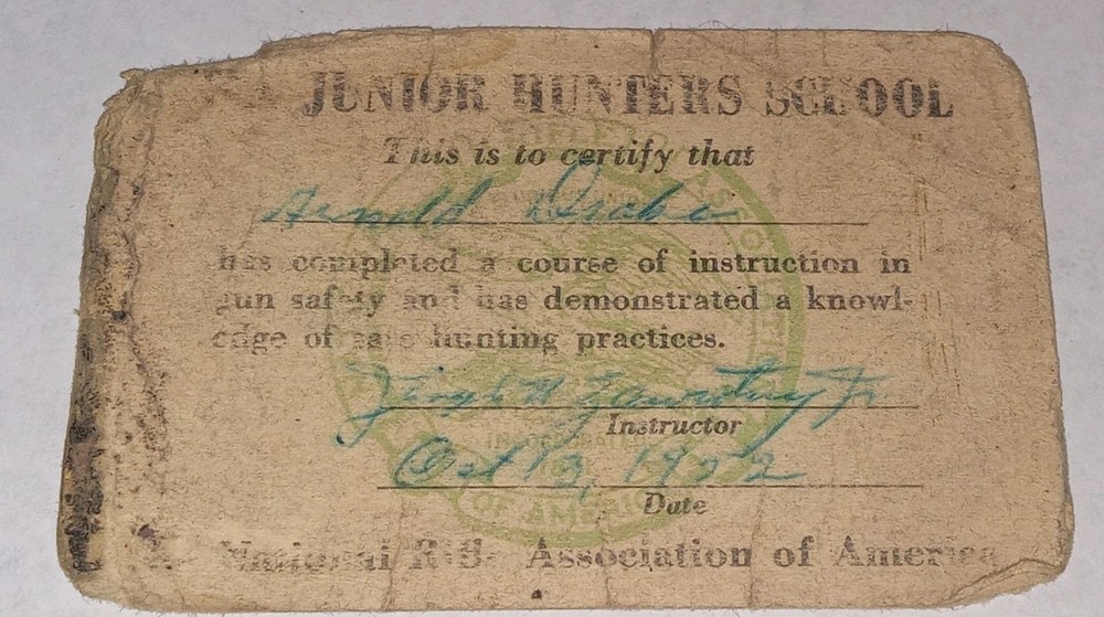 Vintage 1952 NRA Junior Hunters School Certificate NY 1st Year National Program