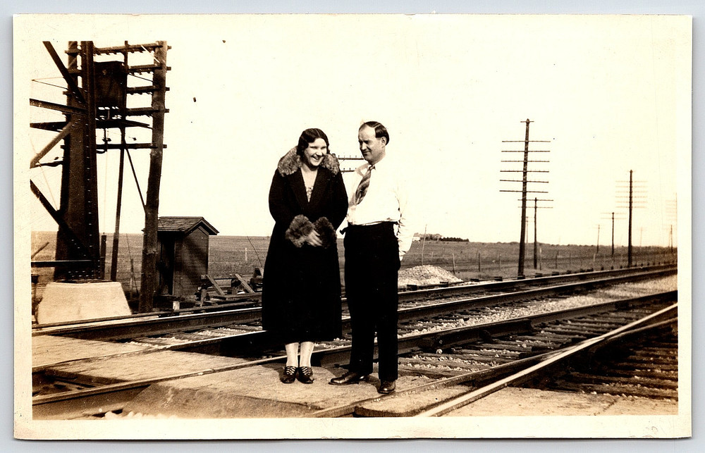 Vintage Old Photo Picture Kansas Railroad Train Tracks Man Lady Fur Coat 1927
