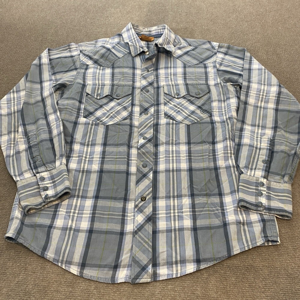 Ariat Shirt Men Medium Wester Pearl Snap Rockabilly Blue Gray Plaid Rodeo Cowboy