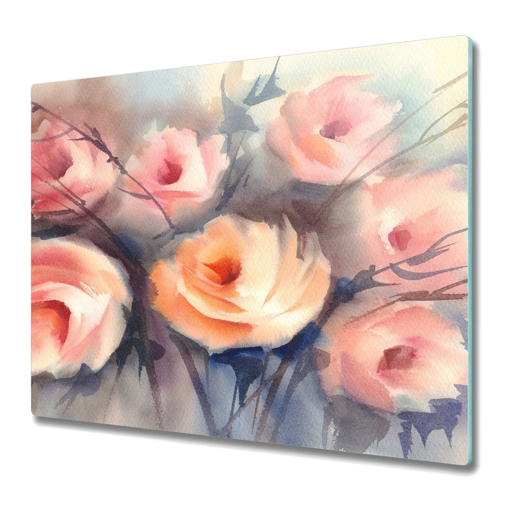 Glass Worktop Saver Orange Roses Bouquet Garden Floral Painting Watercolour