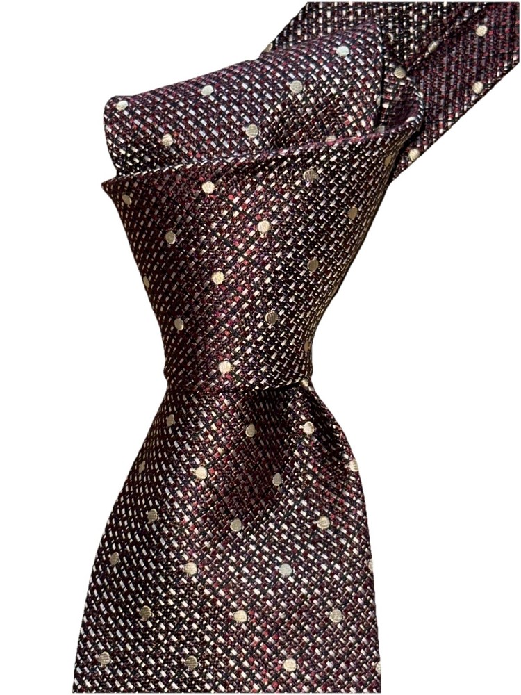 $280 NWT TOM FORD Maroon w/ yellow dots 3.5” men's woven silk neck Tie ITALY