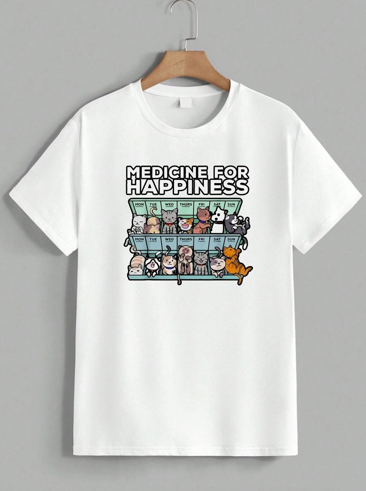 Medicine For Happiness T-Shirt Funny Cat Lover Box Graphic Tee Gift Idea Unisex