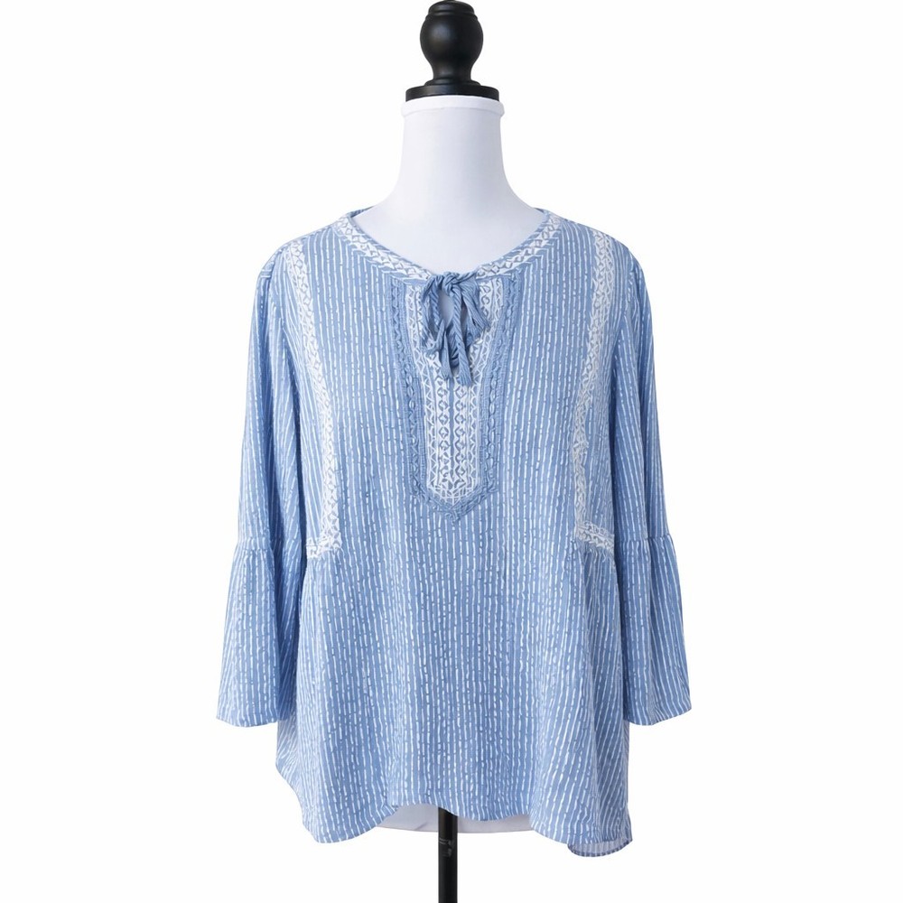 Wonderly Women's Blue White Embroidered Tassel Bell Sleeve Tunic Blouse Size L