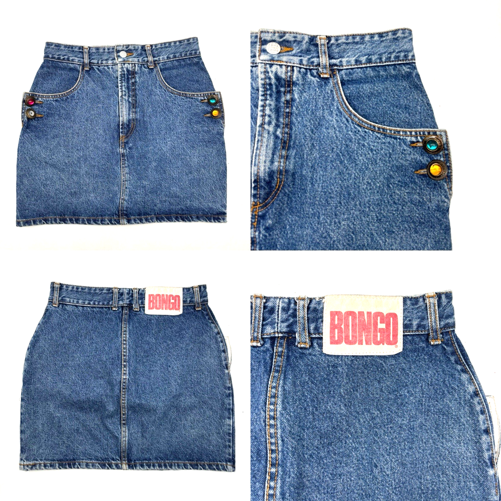Vintage 80s Bongo High Waist Medium Wash Denim Mini Skirt with Jewel Buttons 27x16
