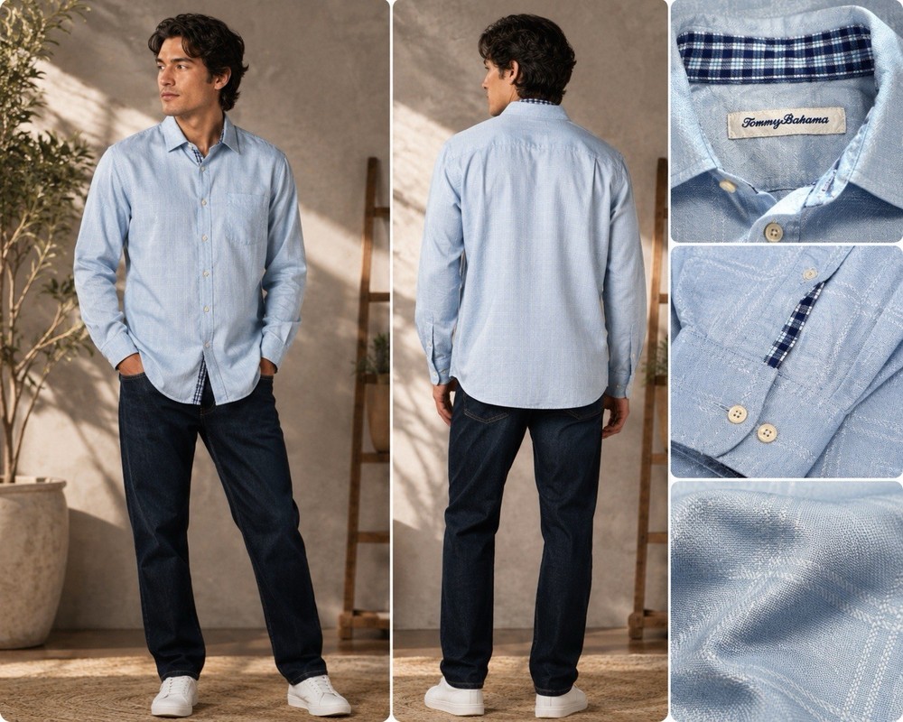 Tommy Bahama Mens L Blue Linen Blend Casual Button Up Shirt Long Sleeve