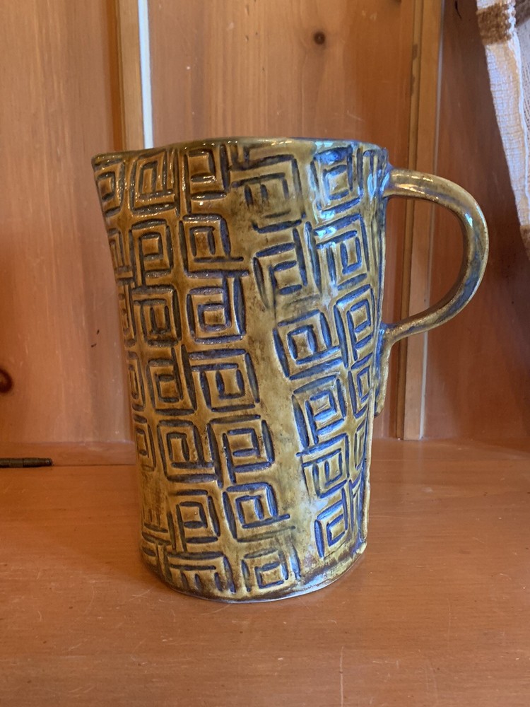 Handmade Art Pottery Pitcher Blue & Green Abstract Geometric Design With Handle-image