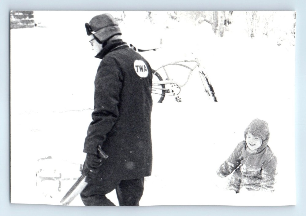 Old Vintage Photo MAN IN TWA AIRLINES JACKET BOY SNOW WINTER SCENE SNAPSHOT