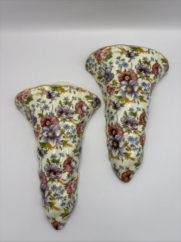 Pair Floral Chintz Ceramic Wall Pockets
