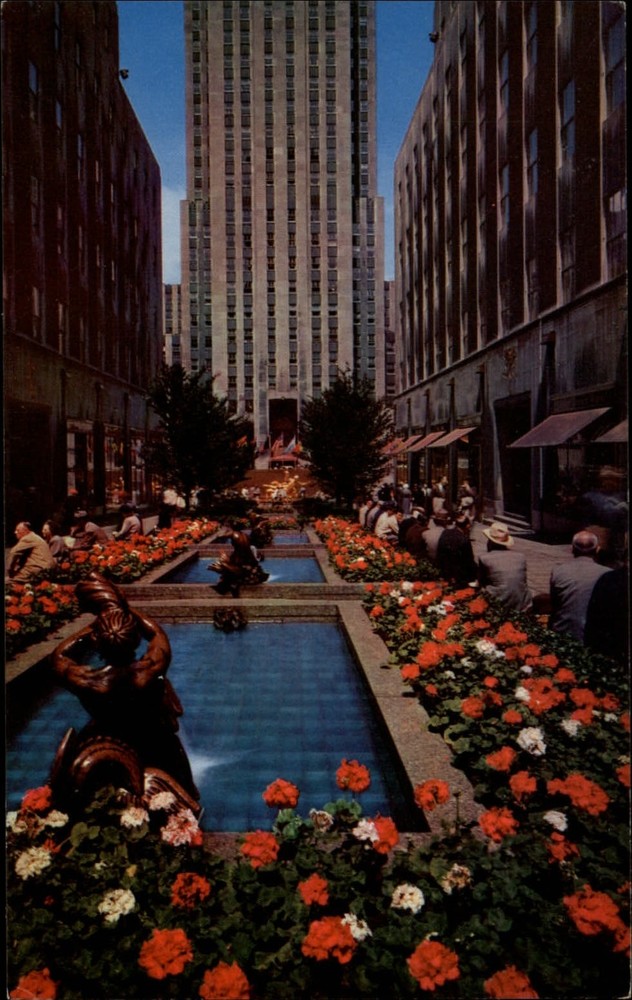 New York City New York Rockefeller Plaza promenade gardens vintage postcard