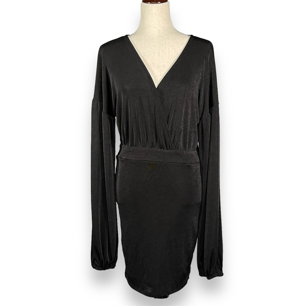 Princess Polly Mini Dress Women Size 12 Black Knit Slinky Crossover Long Sleeves
